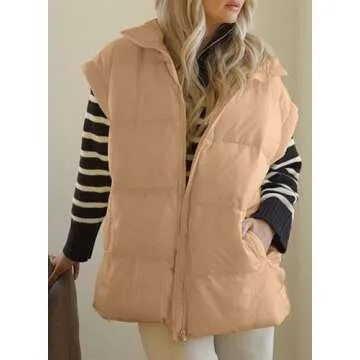 Dokotoo Women Winter Oversized Puffer Vest Quilted Lightweight Stand Collar Flysleeve Insulated Padded Puffy Jackets Coat with Pockets 2025 Fashion Khaki Medium