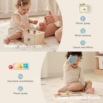 Montessori Baby Toy Kit for Newborn Babies 10-12 Months, Infant Educational Play Set, Wooden Learning Sensory Developmental Toddler Toys for 1Year Old Kids with Drawer, Rolling Drum, Shape Puzzle etc
