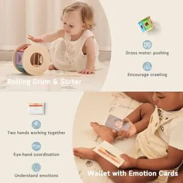 Montessori Baby Toy Kit for Newborn Babies 10-12 Months, Infant Educational Play Set, Wooden Learning Sensory Developmental Toddler Toys for 1Year Old Kids with Drawer, Rolling Drum, Shape Puzzle etc