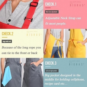 BIGHAS Adjustable Bib Apron - 18 Colors & Pocket