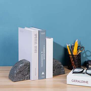 MyGift Heavy Black 100% Genuine Marble Decorative Bookends with Rounded Design, Non-Slip Bookends Shelf Decor, Set of 2