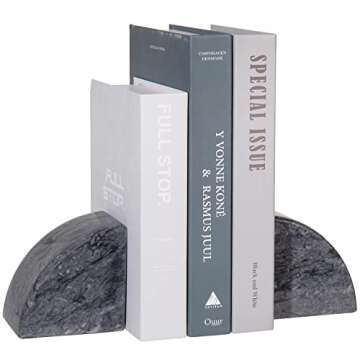 MyGift Heavy Black 100% Genuine Marble Decorative Bookends with Rounded Design, Non-Slip Bookends Shelf Decor, Set of 2