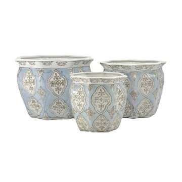 Galt International Light Blue & White Round Fluted Floral Porcelain Ceramic Plant Flower Planter Pot...