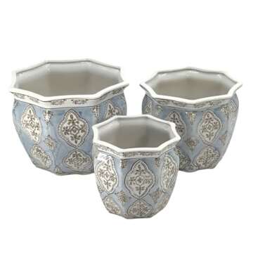 Galt International Light Blue & White Round Fluted Floral Porcelain Ceramic Plant Flower Planter Pot Set of 3 (7.5", 10", 13") Garden Pots Chinese Asian Design