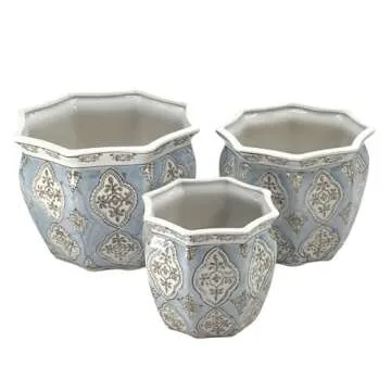 Galt International Light Blue & White Round Fluted Floral Porcelain Ceramic Plant Flower Planter Pot Set of 3 (7.5", 10", 13") Garden Pots Chinese Asian Design