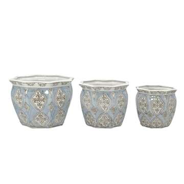 Galt International Light Blue & White Round Fluted Floral Porcelain Ceramic Plant Flower Planter Pot Set of 3 (7.5", 10", 13") Garden Pots Chinese Asian Design