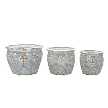 Galt International Light Blue & White Round Fluted Floral Porcelain Ceramic Plant Flower Planter Pot Set of 3 (7.5", 10", 13") Garden Pots Chinese Asian Design
