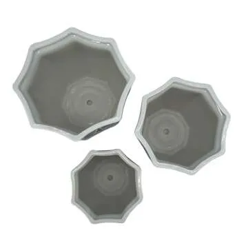 Galt International Light Blue & White Round Fluted Floral Porcelain Ceramic Plant Flower Planter Pot Set of 3 (7.5", 10", 13") Garden Pots Chinese Asian Design