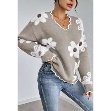 Pink Queen Fall V Neck Oversized Pullover Top for Women Soft Long Sleeve Knitted Flower Jumper Sweater Boyfriend Slouchy Thick Tunics Taupe S