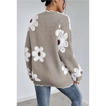 Pink Queen Fall V Neck Oversized Pullover Top for Women Soft Long Sleeve Knitted Flower Jumper Sweater Boyfriend Slouchy Thick Tunics Taupe S