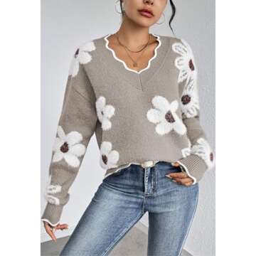 Pink Queen Fall V Neck Oversized Pullover Top for Women Soft Long Sleeve Knitted Flower Jumper Sweater Boyfriend Slouchy Thick Tunics Taupe S