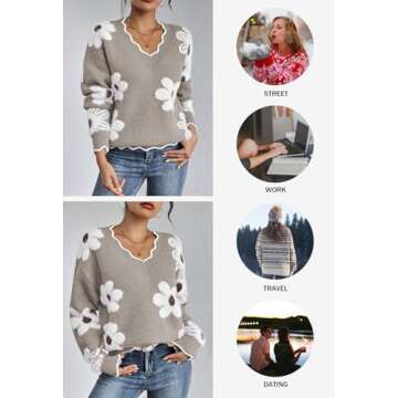 Pink Queen Fall V Neck Oversized Pullover Top for Women Soft Long Sleeve Knitted Flower Jumper Sweater Boyfriend Slouchy Thick Tunics Taupe S