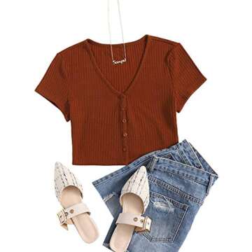 SweatyRocks Women's Summer Short Sleeve Tee Distressed Ripped Crop T-Shirt Tops Rust Brown M
