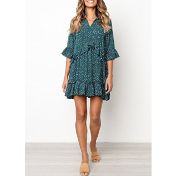 MITILLY Women's Polka Dot V Neck Ruffle Dress with Pockets