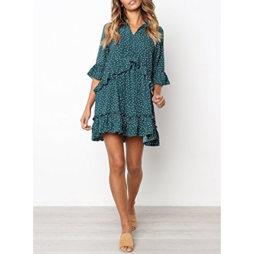 MITILLY Women's Polka Dot V Neck Ruffle Dress with Pockets