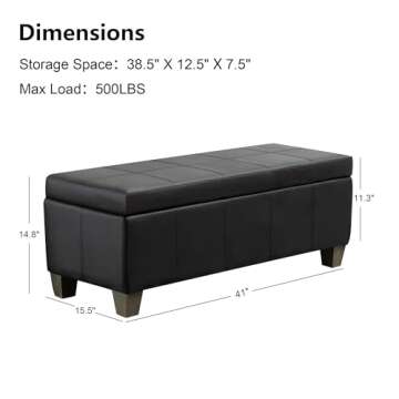 UDAX Black Faux Leather Ottoman with Storage, Rectangular Extra Long Storage Bench for Bedroom and Living Room