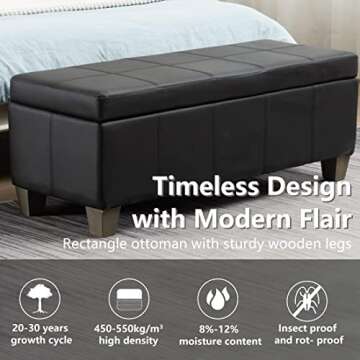 UDAX Black Faux Leather Ottoman with Storage, Rectangular Extra Long Storage Bench for Bedroom and Living Room