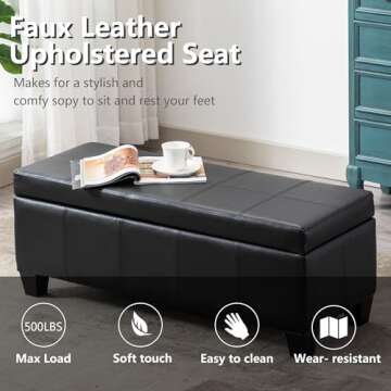 UDAX Black Faux Leather Ottoman with Storage, Rectangular Extra Long Storage Bench for Bedroom and Living Room