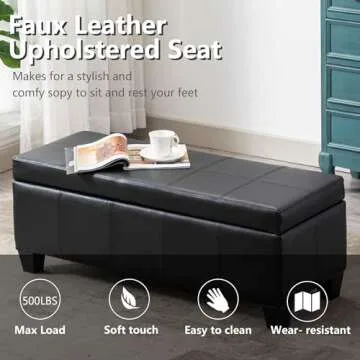 UDAX Black Faux Leather Ottoman with Storage Essentials