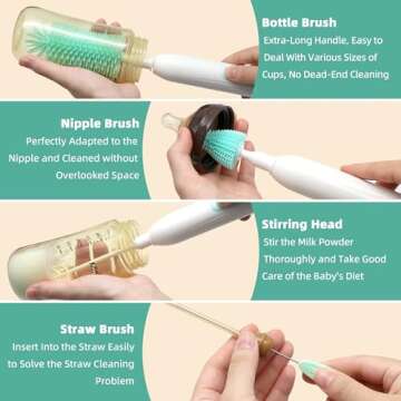 Electric Bottle Brush Cleaner, Rechargable Electric Baby Bottle Brush for Travel, Waterproof Electric Bottle Cleaner Set with Nipple & Straw Brush, Perfect Essentials Gift for Mom After Birth, Green
