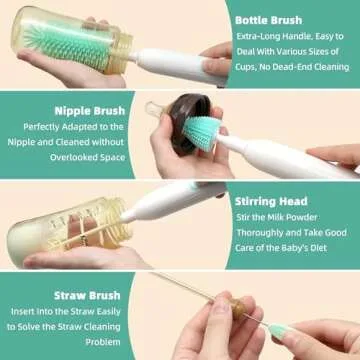 Electric Bottle Brush Cleaner, Rechargable Electric Baby Bottle Brush for Travel, Waterproof Electric Bottle Cleaner Set with Nipple & Straw Brush, Perfect Essentials Gift for Mom After Birth, Green