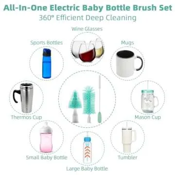 Electric Bottle Brush Cleaner, Rechargable Electric Baby Bottle Brush for Travel, Waterproof Electric Bottle Cleaner Set with Nipple & Straw Brush, Perfect Essentials Gift for Mom After Birth, Green