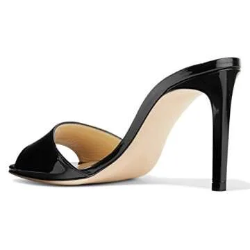 FSJ Women Casual Peep Toe Mule Sandals Stiletto High Heels Summer Beach Party Evening Shoes Size 7 Black-Patent