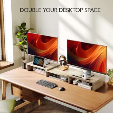 AMERIERGO Dual Monitor Stand Riser- 3 Shelf Screen Stand with Adjustable Length and Angle, 2 Extra F...