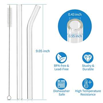RENYIH 10 Pcs Reusable Glass Boba Straws,9''x14 mm Wide Glass Drinking Straws Jumbo Smoothie Straws ...