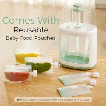 Momcozy Baby Food Maker for Puree Food Storage, Precise Capacity Squeeze Station, Save Time & Efficient, No Food Splashing, Baby Essentials, with 5pcs Reusable Portable Food Storage Bags for Outdoor