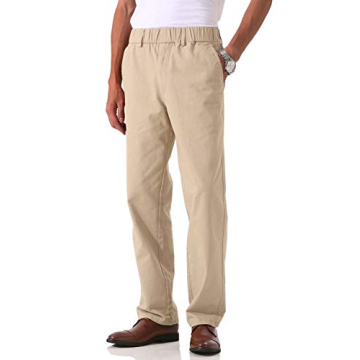 Soojun Men's Cotton Twill Pants - Relaxed Fit, Elastic Waist, Khaki, 36W x 30L