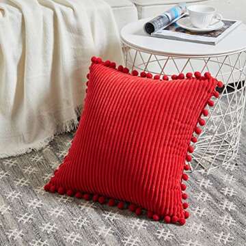 Fancy Homi Pack of 2 Red Decorative Throw Pillow Covers with Pom-poms 18 x18, Soft Corduroy Solid Sq...