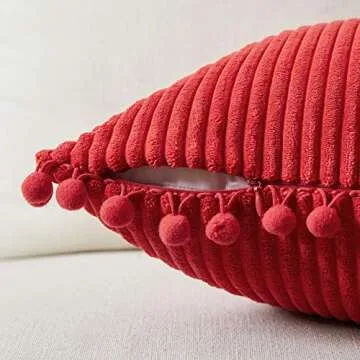 Fancy Homi Pack of 2 Red Decorative Throw Pillow Covers with Pom-poms 18 x18, Soft Corduroy Solid Square Cushion Cases Set for Couch Sofa Bedroom Car Living Room (18x18 Inch/45x45 cm, Red)