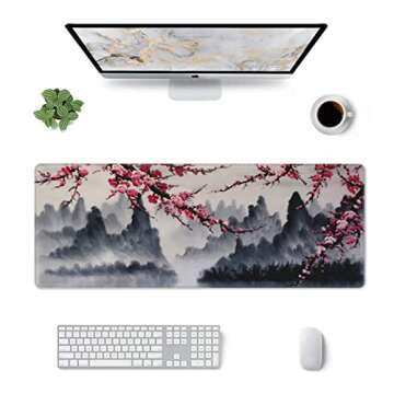 Japanese Sakura Watercolor Painting Extended Mouse Pad 31.5x11.8 Inch Cherry Blossom Flower Non-Slip Rubber Base Mousepad Stitched Edges Keyboard Mouse Mat with Stitched Edges for Gaming and Office