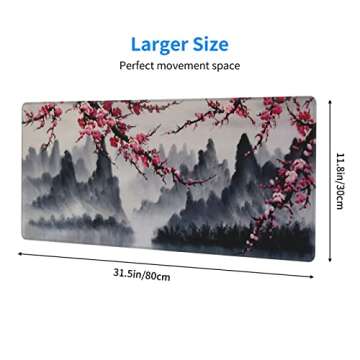 Japanese Sakura Watercolor Painting Extended Mouse Pad 31.5x11.8 Inch Cherry Blossom Flower Non-Slip Rubber Base Mousepad Stitched Edges Keyboard Mouse Mat with Stitched Edges for Gaming and Office