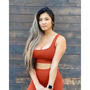 QINSEN Women's Workout Outfit 2 Pieces Seamless Yoga Leggings Padded Sport Bra Gym Clothes Set Brick Red S