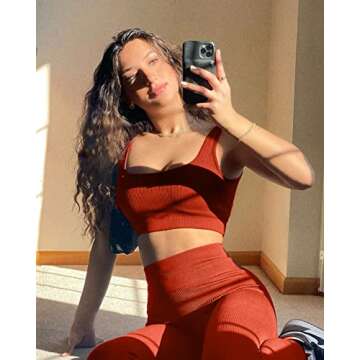 QINSEN Women's Workout Outfit 2 Pieces Seamless Yoga Leggings Padded Sport Bra Gym Clothes Set Brick Red S