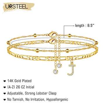 Ursteel Initial Ankle Bracelets for Women, 14K Gold Plated Ankle Bracelet with Initial J Dainty Adju...
