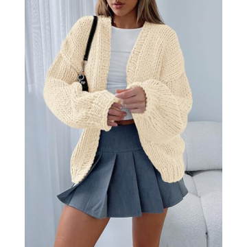 dowerme Women's Oversized Cardigan Casual Long Sleeve Open Front Drop Shoulder Cute Fall Sweaters Chunky Knit Outerwear(Beige,Small)
