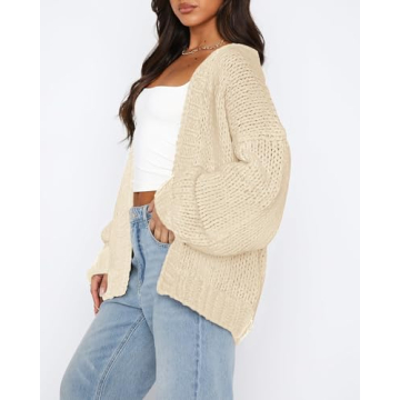 dowerme Women's Oversized Cardigan Casual Long Sleeve Open Front Drop Shoulder Cute Fall Sweaters Chunky Knit Outerwear(Beige,Small)