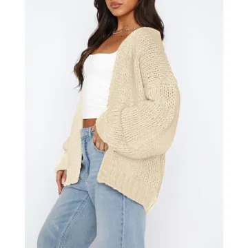 dowerme Women's Oversized Cardigan Casual Long Sleeve Open Front Drop Shoulder Cute Fall Sweaters Chunky Knit Outerwear(Beige,Small)