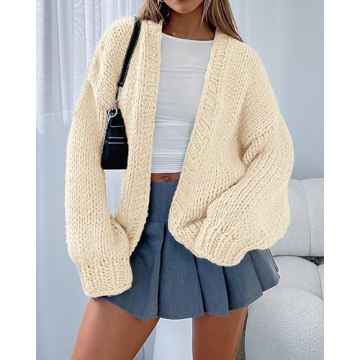 dowerme Women's Oversized Cardigan Casual Long Sleeve Open Front Drop Shoulder Cute Fall Sweaters Chunky Knit Outerwear(Beige,Small)
