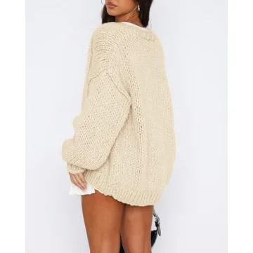 dowerme Women's Oversized Cardigan Casual Long Sleeve Open Front Drop Shoulder Cute Fall Sweaters Chunky Knit Outerwear(Beige,Small)