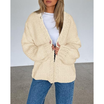 dowerme Women's Oversized Cardigan Casual Long Sleeve Open Front Drop Shoulder Cute Fall Sweaters Chunky Knit Outerwear(Beige,Small)