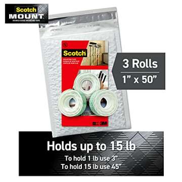 Scotch Indoor Mounting Tape 1-in X 50-in, White, Holds up to 10 lbs, 3-Rolls
