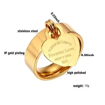 JINHUI Rings with Charms for Girlfriend, 6mm Heart Dangle Ring Graducation Gift 18k Gold Plated Ring Engraved Promise Ring Jewelry (Gold, 10)