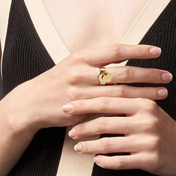 JINHUI Rings with Charms for Girlfriend, 6mm Heart Dangle Ring Graducation Gift 18k Gold Plated Ring Engraved Promise Ring Jewelry (Gold, 10)