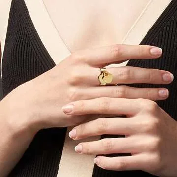 JINHUI Rings with Charms for Girlfriend, 6mm Heart Dangle Ring Graducation Gift 18k Gold Plated Ring Engraved Promise Ring Jewelry (Gold, 10)