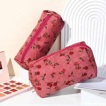 SOIDRAM Makeup Bag Floral Cosmetic Bag Cute Makeup Pouch 1Pcs Large Capacity Makeup Bags and 1Pcs Makeup Brushes Storage Bag Travel Toiletry Bag Organizer