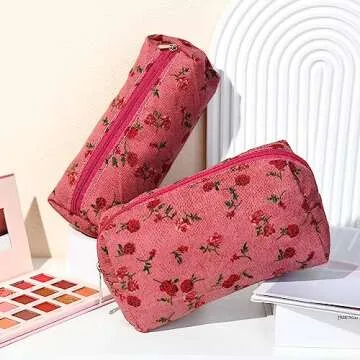 SOIDRAM Makeup Bag Floral Cosmetic Bag Cute Makeup Pouch 1Pcs Large Capacity Makeup Bags and 1Pcs Makeup Brushes Storage Bag Travel Toiletry Bag Organizer